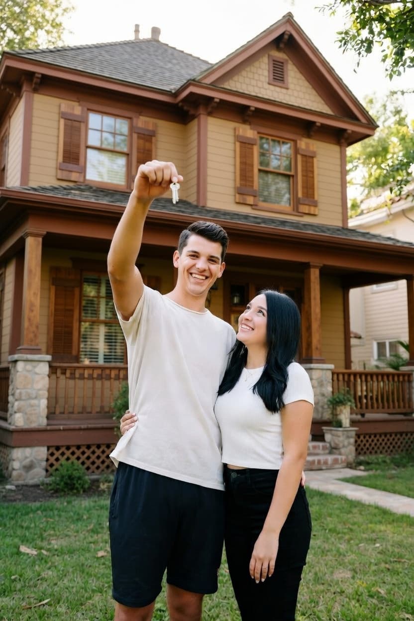 Happy couple in front of their new home holding keys