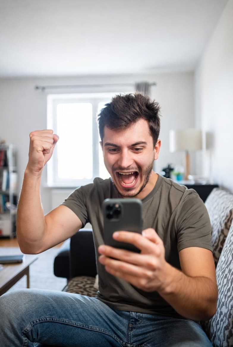 Young man celebrating paying off his debt, fist pump looking at phone