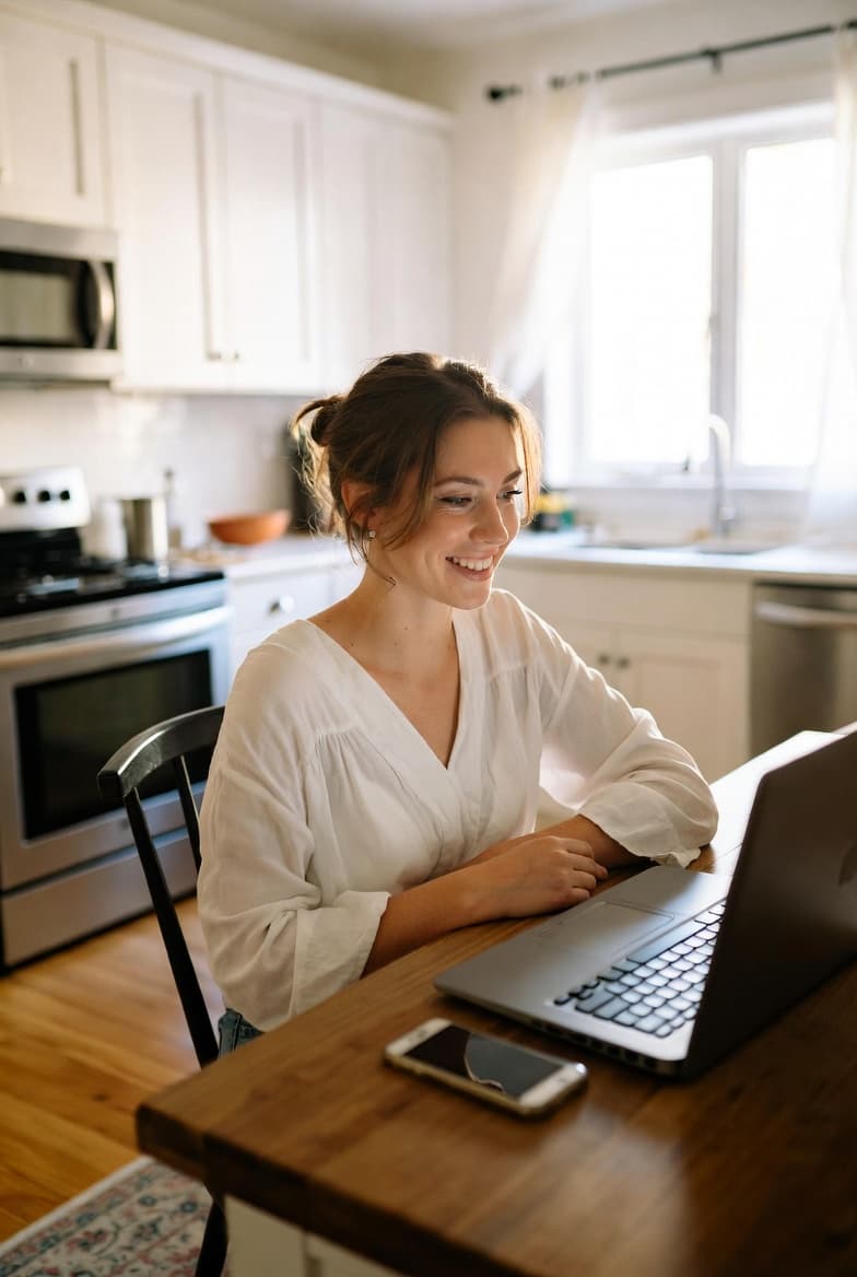 Young woman smiling at her laptop, reviewing her budget at home